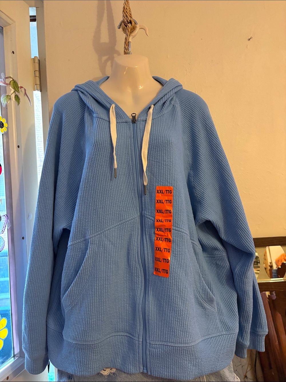 Women's Light Blue Hooded Zip-Up Sweatshirt with Patch Detail